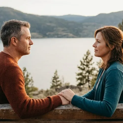 A couple sits face-to-face on a wooden bench overlooking a calm lake, holding hands and looking at each other as they engage in a deep conversation. Marriage counselling.